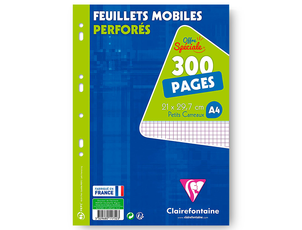 FEUILLET MOBILE CLAIREFONTAINE A4 21X29,7CM PAPIER VELIN VELOUTE 150 PAGES 90G 5X5MM PERFOREES SOUS FILM COLORIS BLANC