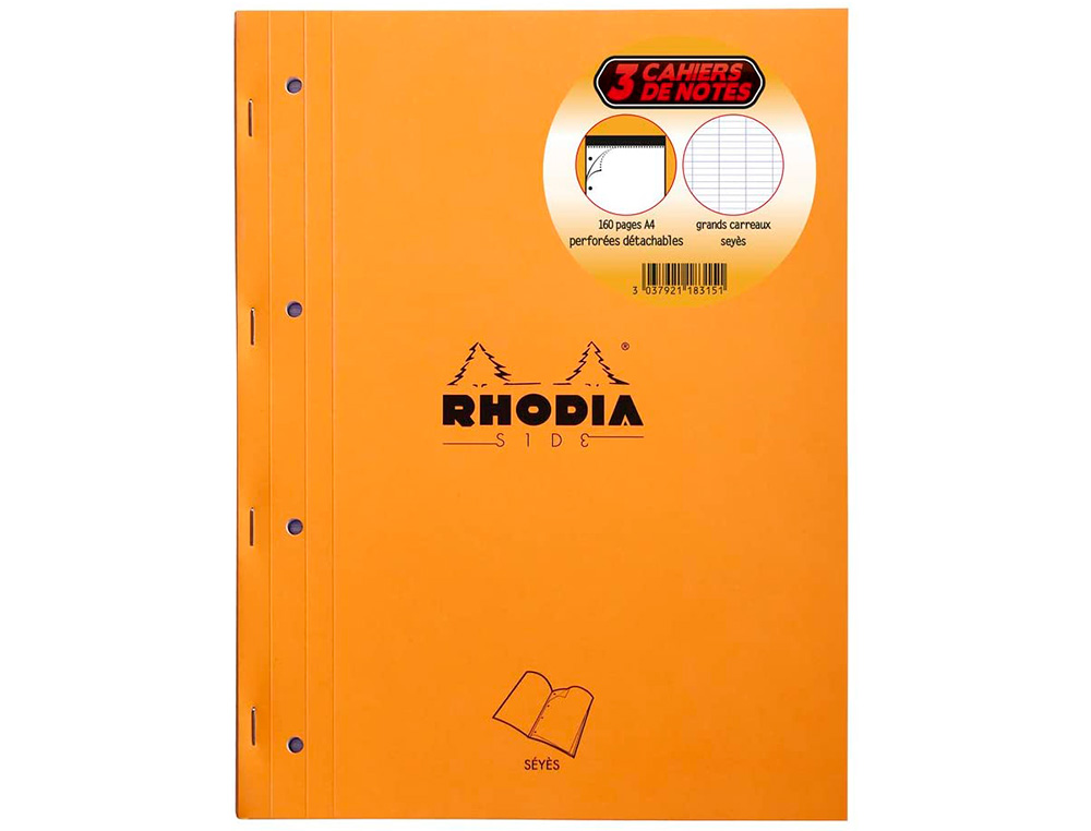 BLOC AGRAFE RHODIA A4+ 21X31,8CM 160 PAGES SEYES     MICROPERFOREES DETACHABLES 4  TROUS LOT 3 UNITES