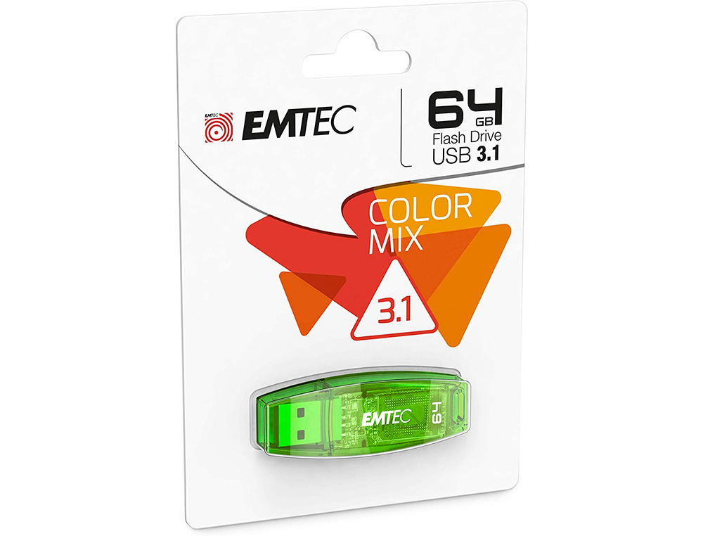 CLE USB EMTEC 2.0 SERIE RUNNERS C410 COLOR MIX 64GB   CAPUCHON COLORIS VERT         TRANSPARENT
