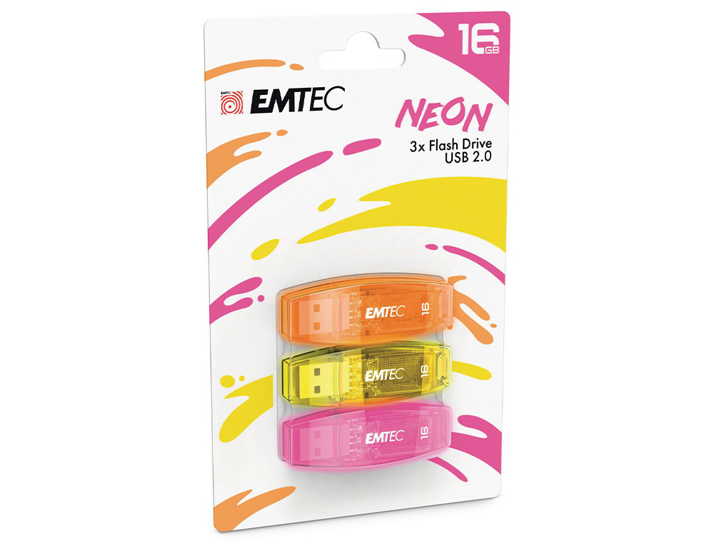 CLE USB EMTEC 2.0 C410 TRIO 16GB PACK 3 COLORIS NEON ORANGE JAUNE ROSE