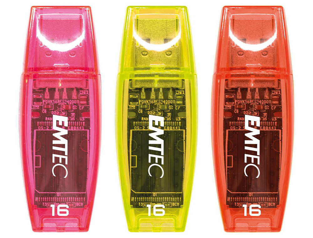 CLE USB EMTEC 2.0 C410 TRIO 16GB PACK 3 COLORIS NEON ORANGE JAUNE ROSE