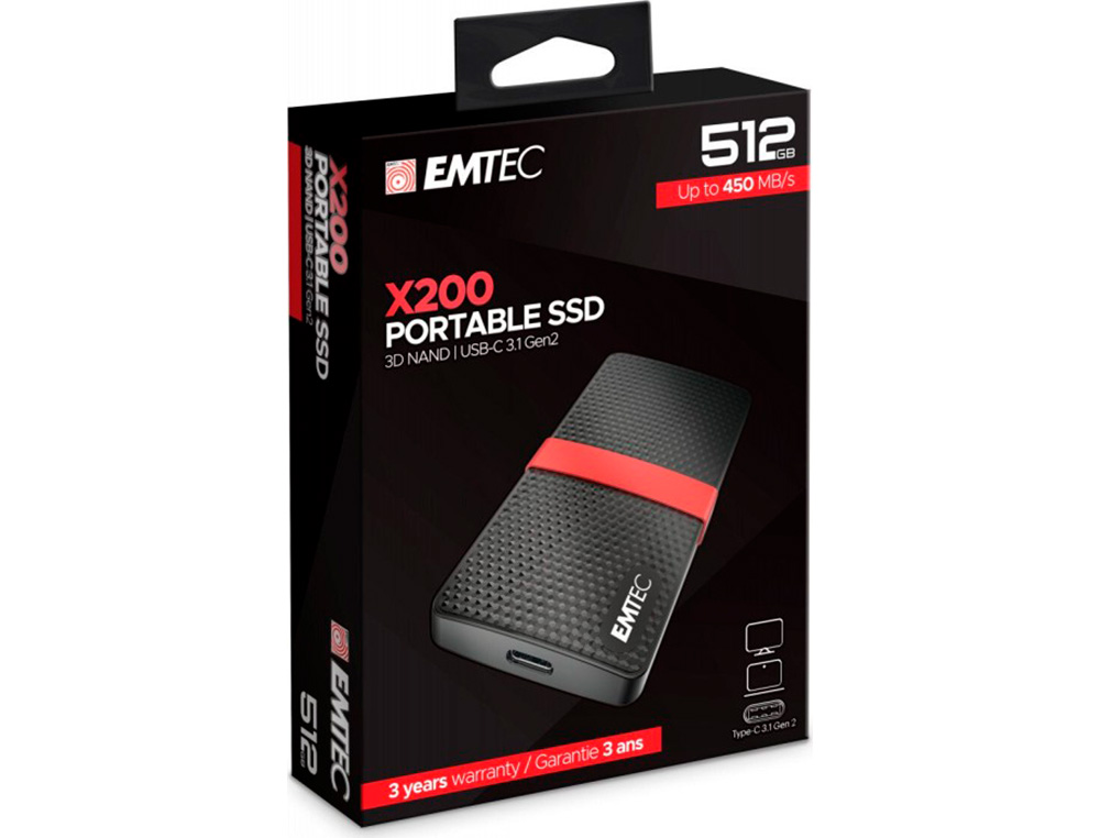 DISQUE DUR SSD PORTABLE EMTEC X200 POWER PLUS USB-C 3.1 GEN1 TRANSFERT HAUTE VITESSE GRANDE CAPACITE DE STOCKAGE 512GB