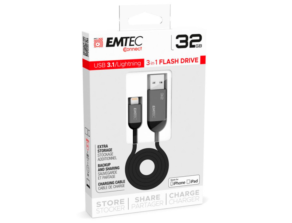 CLE USB DUAL EMTEC 3.1 GEN1 T750A LIGHTNING CORPS METAL LOGO GRAVURE LASER CAPACITE 32GB COMPATIBLE EMTEC CONNECT