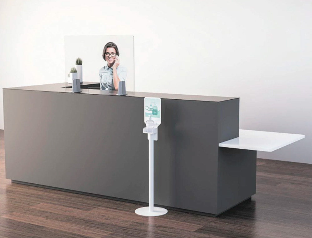STATION DE DESINFECTION PAPERFLOW ACIER ET POLYSTYRENE POUR GEL HYDROALCOOLIQUE ETAGERE POUR GANTS COLORIS BLANC