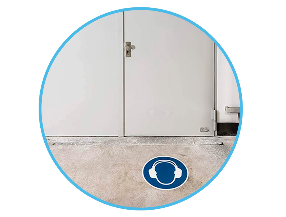PICTOGRAMME AU SOL PROTECTION AUDITIVE OBLIGATOIRE DURABLE ADHESIF ENTREPOTS CENTRES DISTRIBUTION USINES DIAMETRE