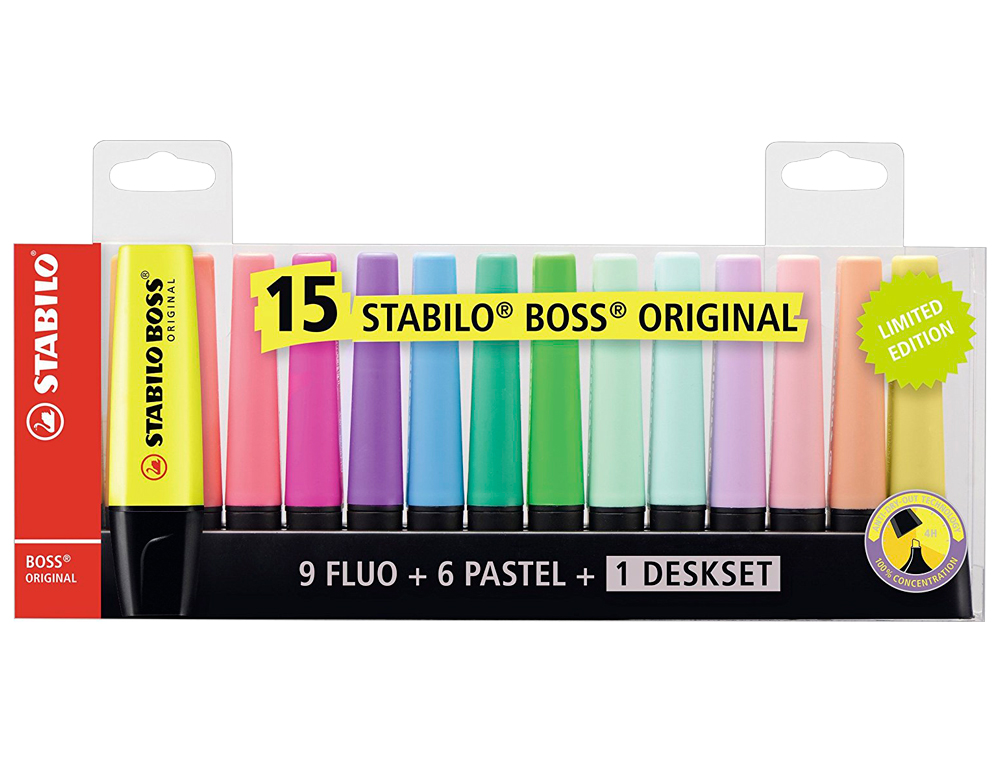 SURLIGNEUR STABILO BOSS ORIGINAL EDITION COLLECTOR RECHARGEABLE POINTE BISEAUTEE TRACE 2/5MM DESKSET 15 UNITES