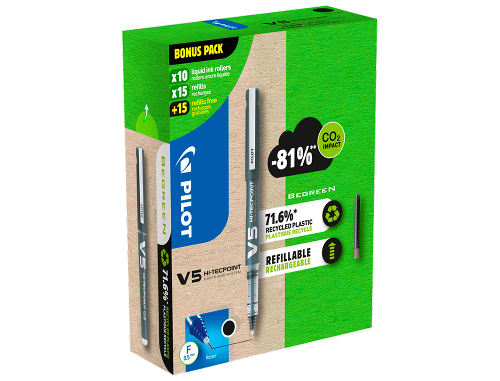 PACK PILOT V5 10 ROLLERS ENCRE LIQUIDE RECHARGEABLES POINTE MOYENNE 10 SETS DE 3 RECHARGES 5 OFFERTES COLORIS