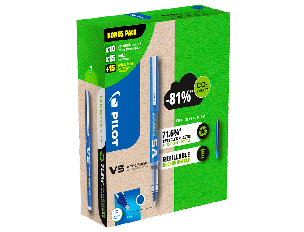 PACK PILOT V5 10 ROLLERS ENCRE LIQUIDE RECHARGEABLES   POINTE MOYENNE 10 SETS DE 3   RECHARGES 5 OFFERTES COLORIS