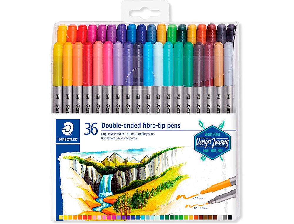 ETUI DE 36 FEUTRES DE COLORIAGE STAEDTLER 3200 DESIGN JOURNEY DOUBLE POINTE 3,0MM/0,5-0,8MM ASSORTIS