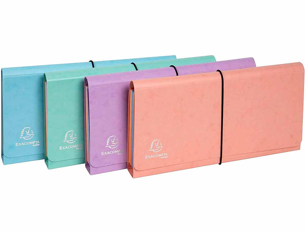 TRIEUR EXACOMPTA POCKET 6 COMPARTIMENTS CARTE LUSTREE 26X13CM COLORIS AQUAREL ASSORTIS BLEU CORAIL MAUVE
