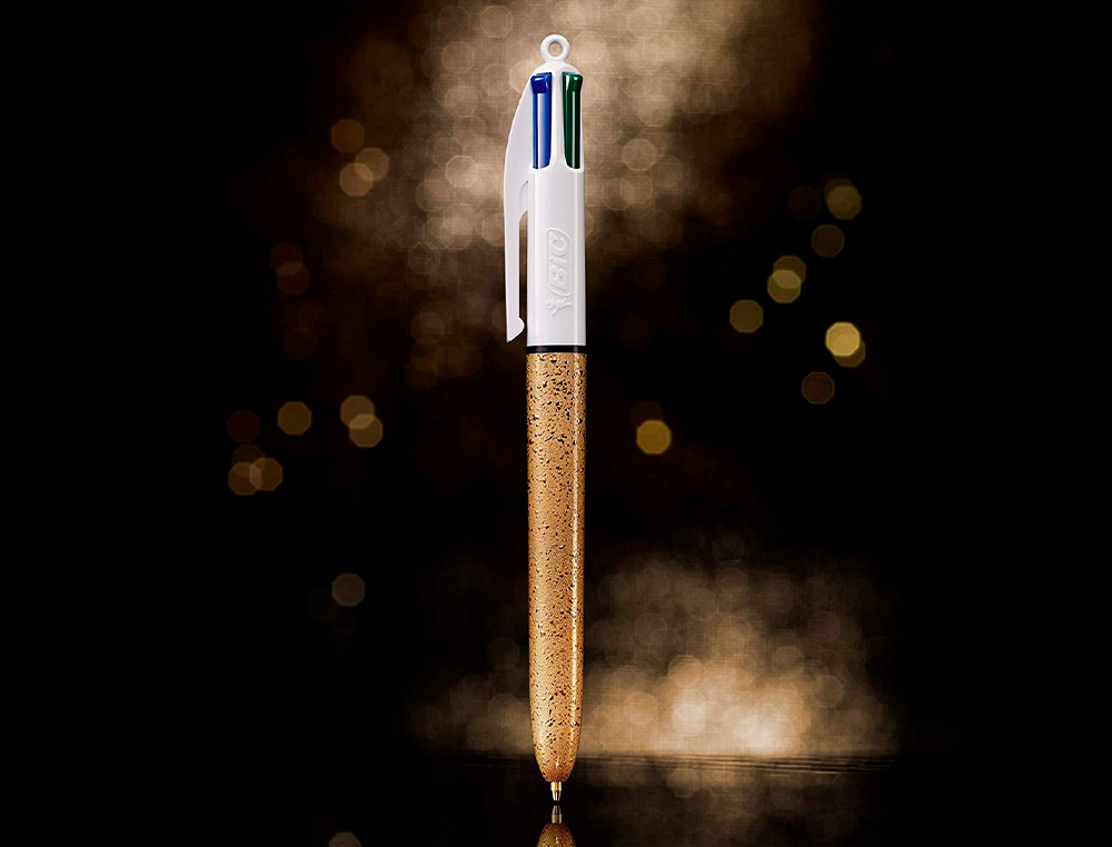 STYLO-BILLE BIC 4 COULEURS FESTIF RETRACTABLE RECHARGEABLE POINTE MOYENNE 1MM CORPS LARGE BLANC/DORE