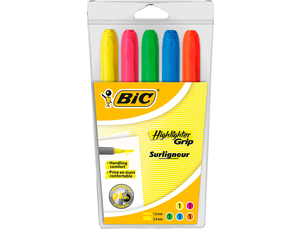 SURLIGNEUR BIC HIGHLIGHTER GRIP CAOUTCHOUC POINTE MOYENNE BISEAUTEE POCHETTE 5 UNITES JAUNE BLEU VERT ORANGE