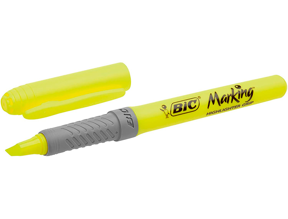 SURLIGNEUR BIC HIGHLIGHTER GRIP CAOUTCHOUC POINTE MOYENNE BISEAUTEE POCHETTE 5 UNITES JAUNE BLEU VERT ORANGE
