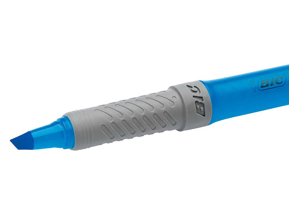 SURLIGNEUR BIC HIGHLIGHTER GRIP CAOUTCHOUC POINTE MOYENNE BISEAUTEE POCHETTE 5 UNITES JAUNE BLEU VERT ORANGE