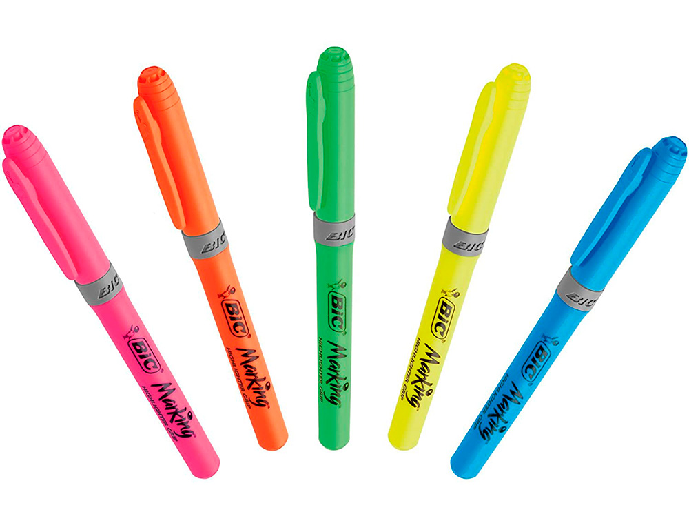 SURLIGNEUR BIC HIGHLIGHTER GRIP CAOUTCHOUC POINTE MOYENNE BISEAUTEE POCHETTE 5 UNITES JAUNE BLEU VERT ORANGE