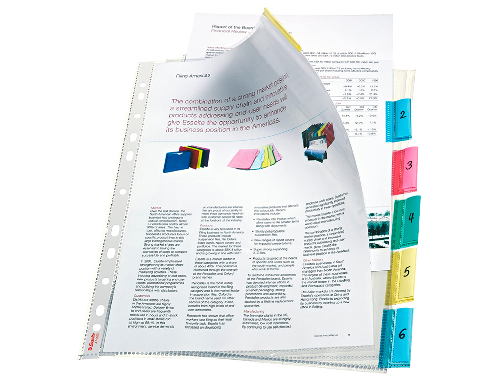 POCHETTE INTERCALAIRE ESSELTE POLYPROPYLÈNE TRANSPARENT A4 6 TOUCHES ONGLETS BANDE PERFORÉE 11 TROUS COPYSAFE