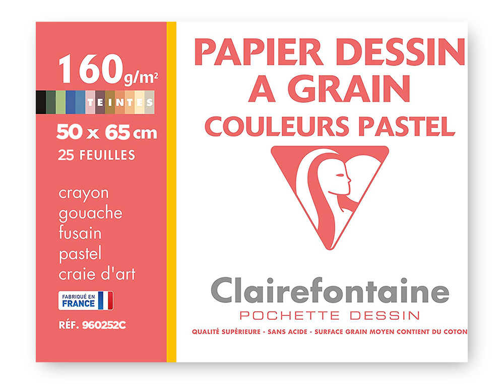 PAPIER DESSIN CLAIREFONTAINE A GRAIN 160G 1 SURFACE GRAINEE 1 LISSE 50X65CM PAQUET 24F COLORIS PASTEL 24