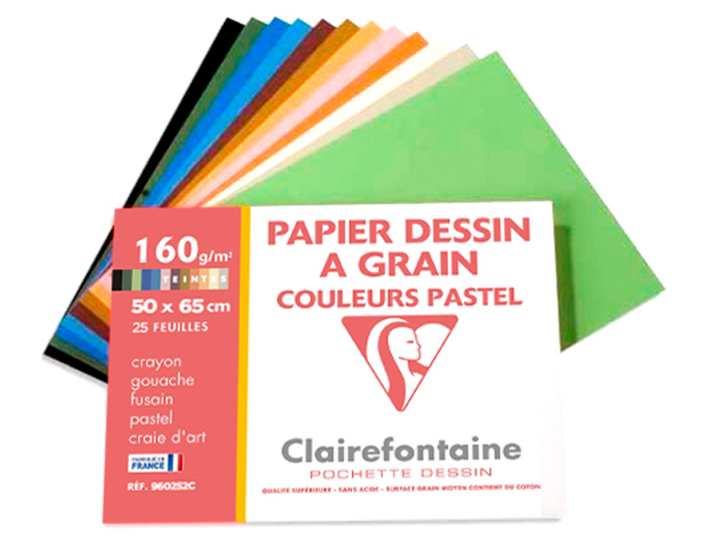 PAPIER DESSIN CLAIREFONTAINE A GRAIN 160G 1 SURFACE GRAINEE 1 LISSE 50X65CM PAQUET 24F COLORIS PASTEL 24