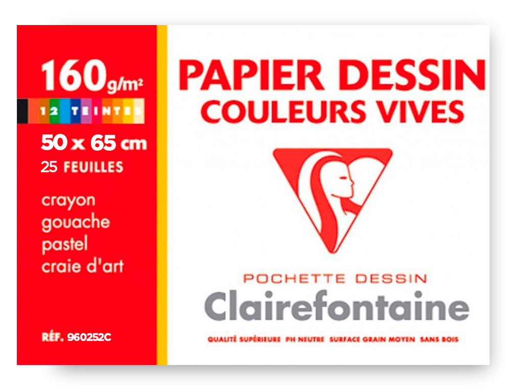 PAPIER DESSIN CLAIREFONTAINE A GRAIN 160G 1 SURFACE        GRAINEE 1 LISSE 50X65CM       PAQUET 24F COLORIS VIFS 24
