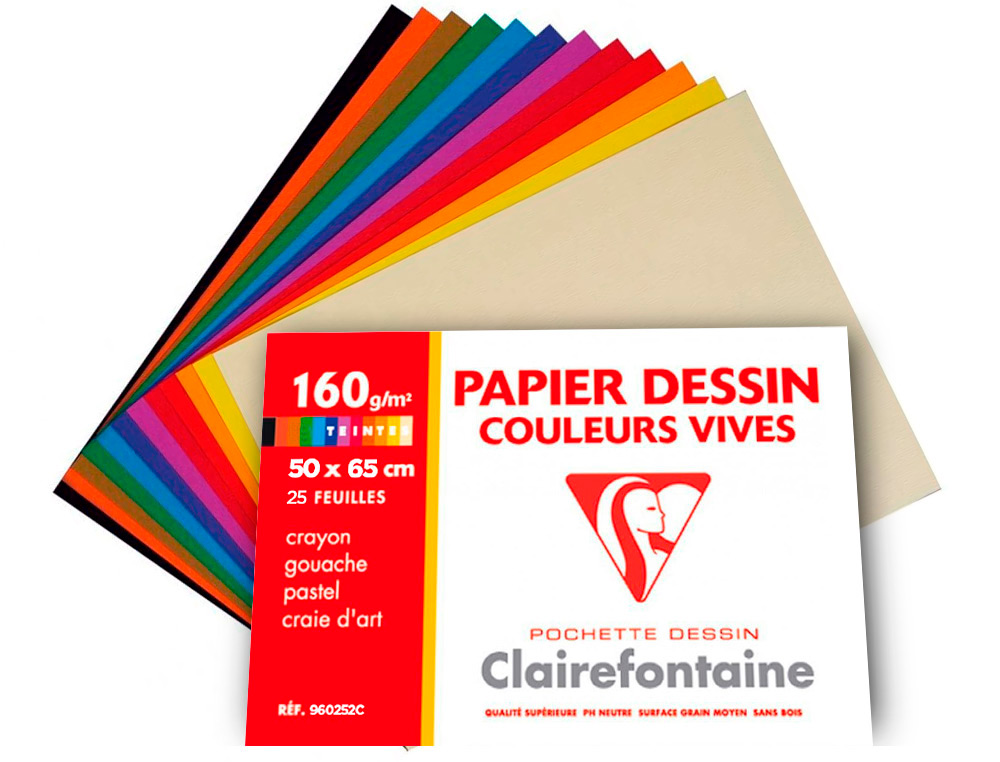 PAPIER DESSIN CLAIREFONTAINE A GRAIN 160G 1 SURFACE        GRAINEE 1 LISSE 50X65CM       PAQUET 24F COLORIS VIFS 24