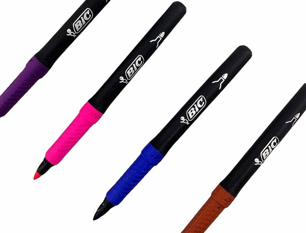 12 FEUTRES BIC CORPS NOIR GRIP CAOUTCHOUC CAPUCHON      VENTILE COULEUR DE L'ENCRE