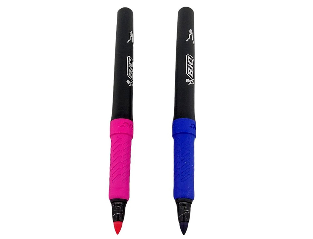 12 FEUTRES BIC CORPS NOIR GRIP CAOUTCHOUC CAPUCHON      VENTILE COULEUR DE L'ENCRE