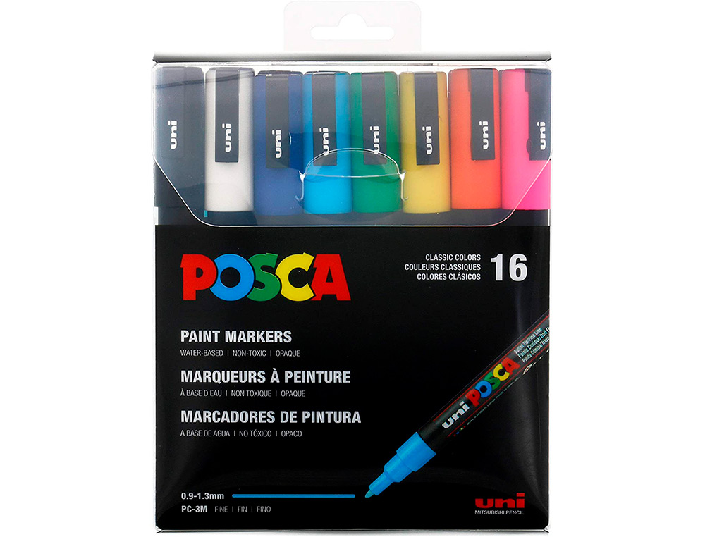 MARQUEUR PEINTURE POSCA PC3M POINTE FINE CONIQUE ENCRE INODORE COUVRANTE SET 16 UNITES ASSORTIES