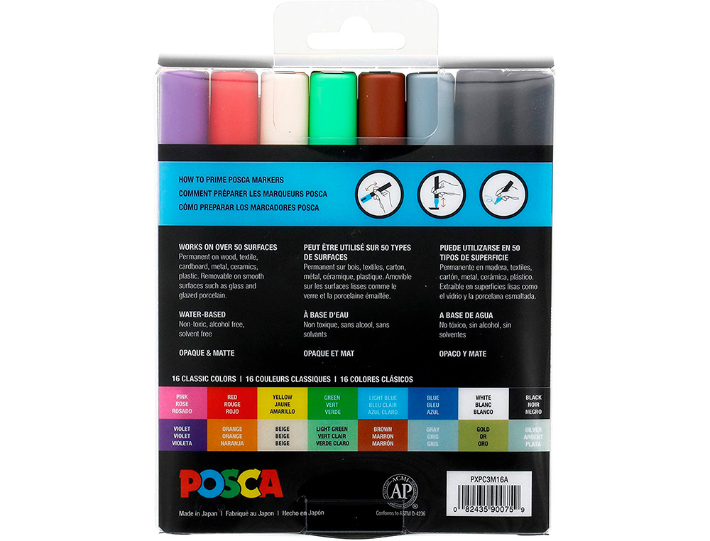 MARQUEUR PEINTURE POSCA PC3M POINTE FINE CONIQUE ENCRE INODORE COUVRANTE SET 16 UNITES ASSORTIES
