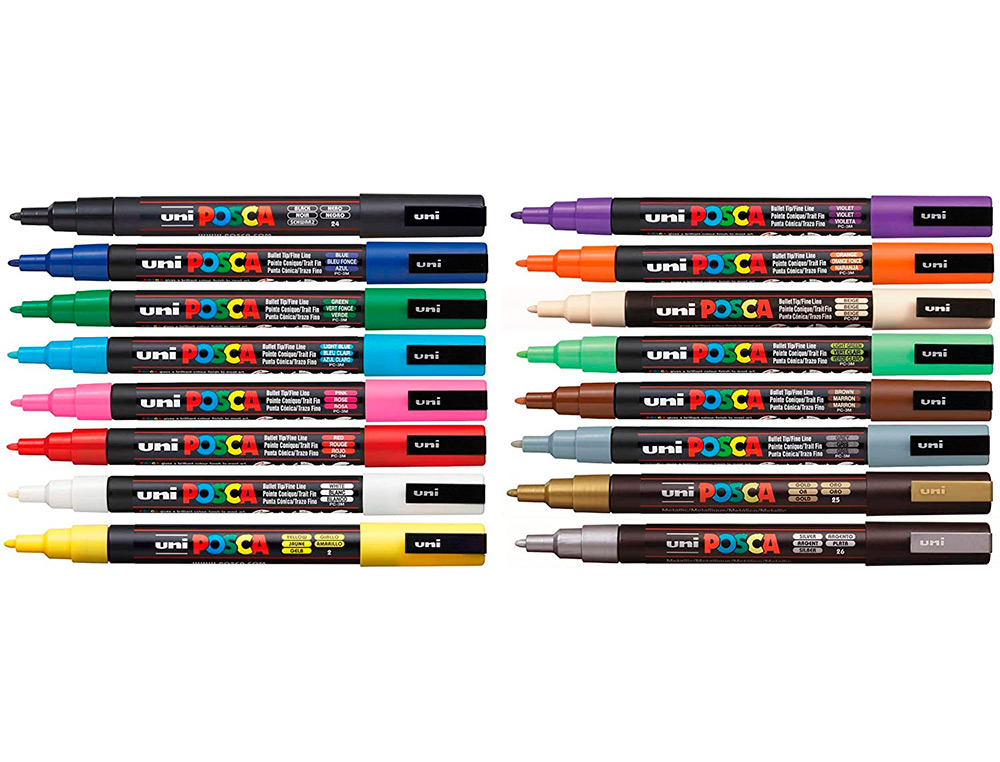 MARQUEUR PEINTURE POSCA PC3M POINTE FINE CONIQUE ENCRE INODORE COUVRANTE SET 16 UNITES ASSORTIES