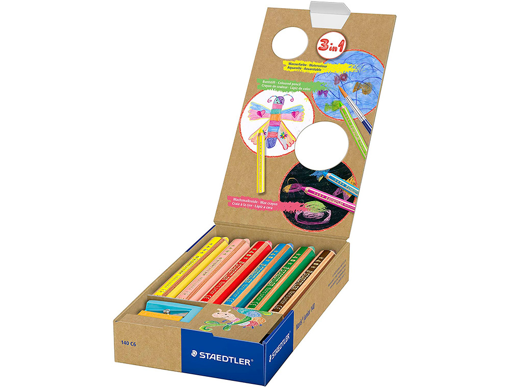 CRAYON COULEUR STAEDTLER NORIS JUNIOR 140 3-EN-1 CRAIE CIRE AQUARELLABLE TAILLE-CRAYON COLORIS