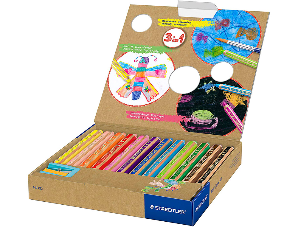 CRAYON COULEUR STAEDTLER NORIS JUNIOR 140 3-EN-1 CRAIE CIRE AQUARELLABLE TAILLE-CRAYON COLORIS