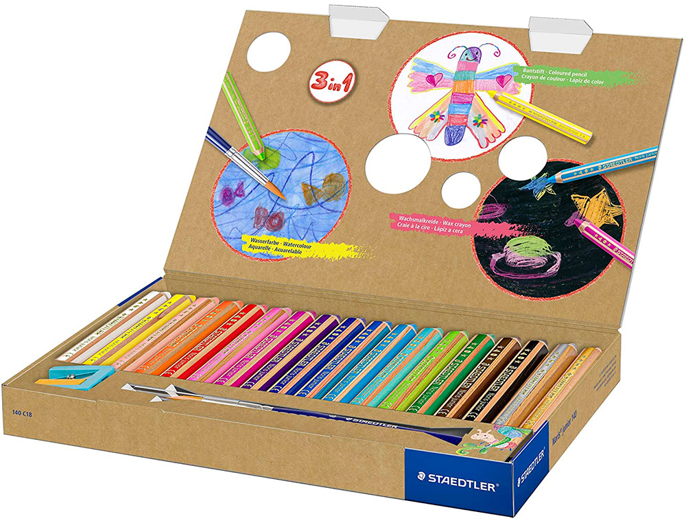 CRAYON COULEUR STAEDTLER NORIS JUNIOR 140 3-EN-1 CRAIE CIRE AQUARELLABLE TAILLE-CRAYON COLORIS