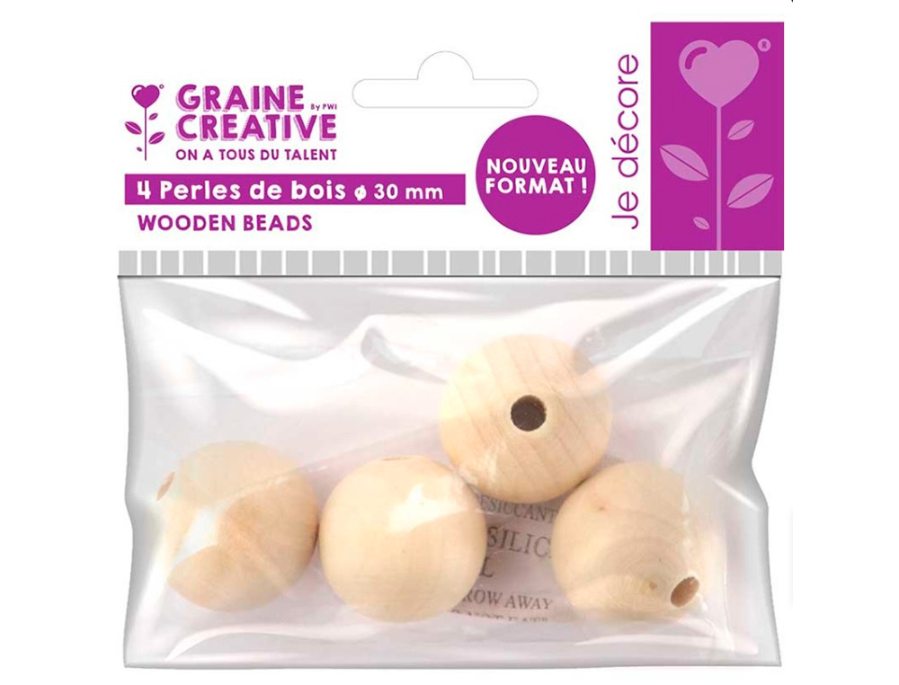 PERLES EN BOIS GRAINE CREATIVE DIAMETRE 30MM SACHET 4 PIECES