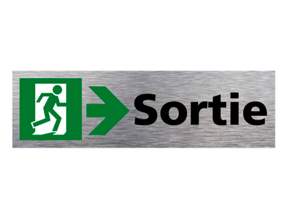 PLAQUE DE PORTE SORTIE DE SECOURS DROITE SIGNALETIQUE BIZ PICTOGRAMME ALUMINIUM BROSSE AUTOCOLLANT DOS