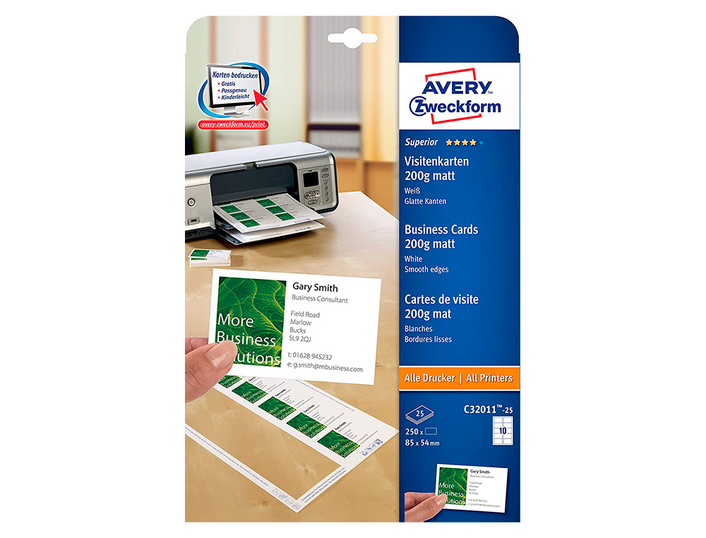 CARTE DE VISITE AVERY SUPERIEURE JET ENCRE ET LASER 200G LOT 250 CARTES