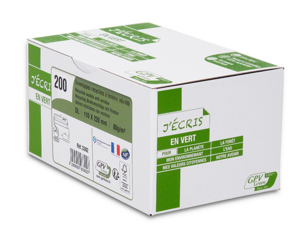 ENVELOPPE GPV DL BANDE DE PROTECTION 80G RECYCLES BLANCHE BOITE DE 200 FENETRE 45X100MM