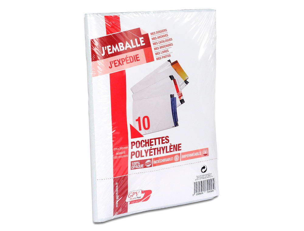POCHETTE GPV POLYETHYLENE ADHESIVE 275X365 BLANC/NOIR PAQUET DE 10
