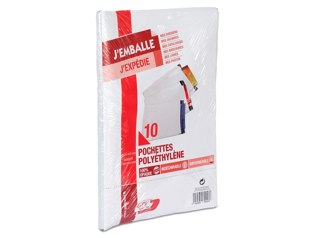 POCHETTE GPV POLYETHYLENE ADHESIVE 310X410 BLANC/NOIR PAQUET DE 10