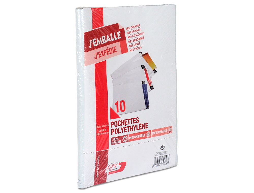 POCHETTE GPV POLYETHYLENE ADHESIVE 360X485 BLANC/NOIR PAQUET DE 10
