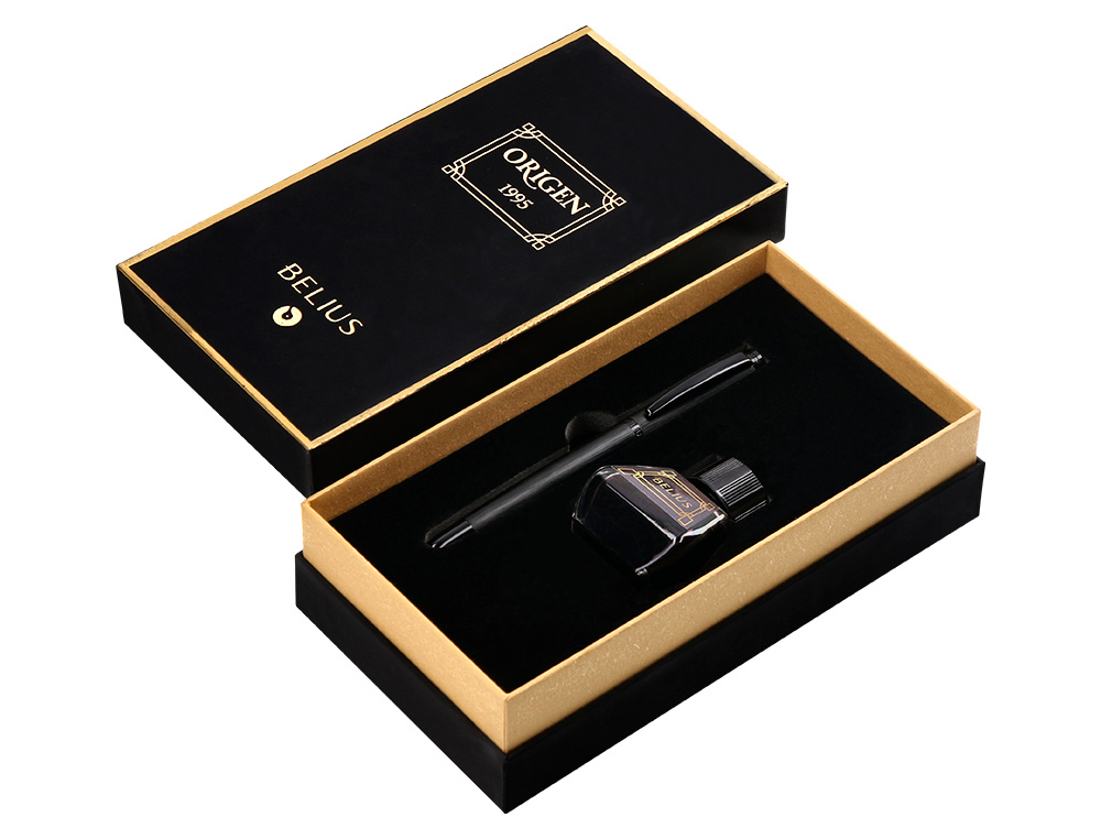 STYLO-PLUME ET FLACON D'ENCRE BELIUS ORIGEN ALUMINIUM       BROSSE ENCRE NOIRE COLORIS    NOIR DANS COFFRET CADEAU