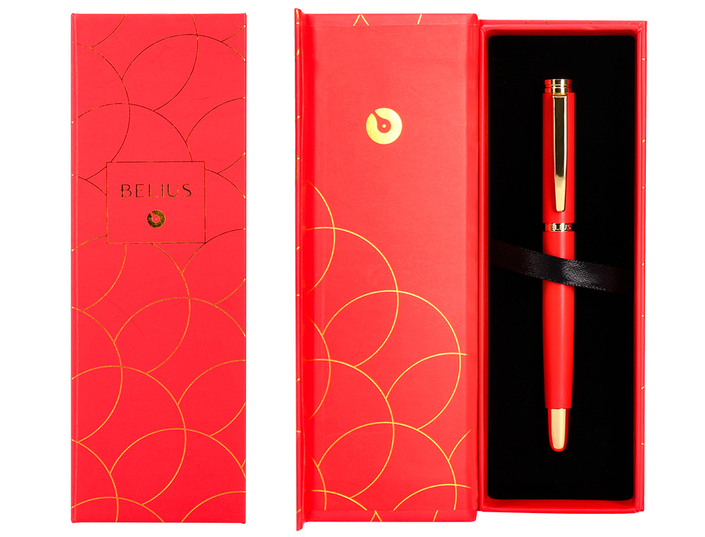 STYLO-PLUME BELIUS PASSION ALUMINIUM BROSSE ATTRIBUTS OR ENCRE BLEUE COLORIS ROUGE DANS COFFRET CADEAU