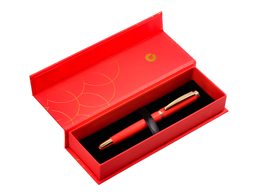STYLO-PLUME BELIUS PASSION ALUMINIUM BROSSE ATTRIBUTS OR ENCRE BLEUE COLORIS ROUGE DANS COFFRET CADEAU