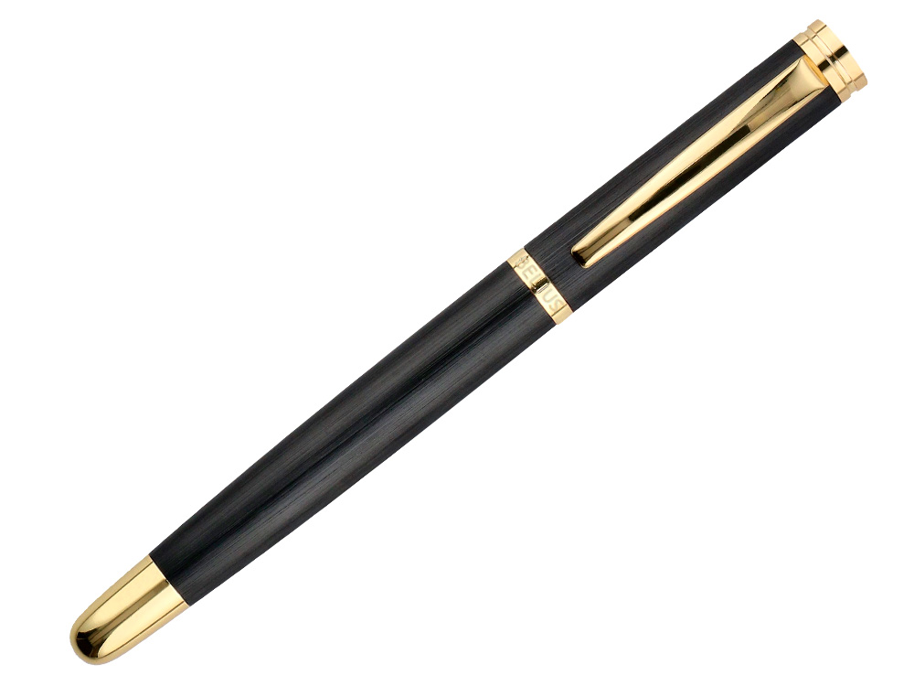 STYLO-BILLE ET ETUI EN SIMILI CUIR BELIUS PASSION ALUMINIUM BROSSE ATTRIBUTS OR ENCRE BLEUE COLORIS NOIR COFFRET CADEAU