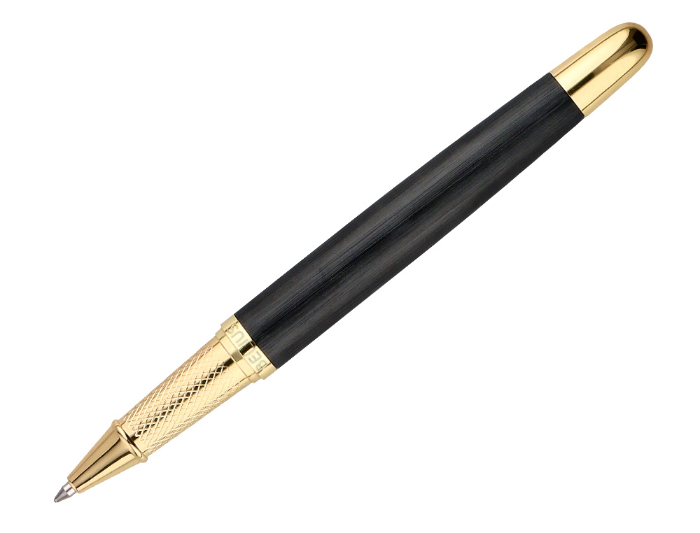 STYLO-BILLE ET ETUI EN SIMILI CUIR BELIUS PASSION ALUMINIUM BROSSE ATTRIBUTS OR ENCRE BLEUE COLORIS NOIR COFFRET CADEAU