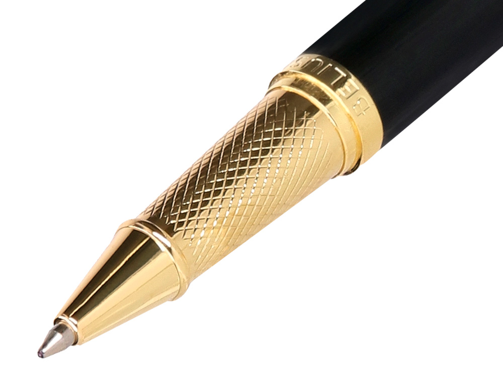 STYLO-BILLE ET ETUI EN SIMILI CUIR BELIUS PASSION ALUMINIUM BROSSE ATTRIBUTS OR ENCRE BLEUE COLORIS NOIR COFFRET CADEAU