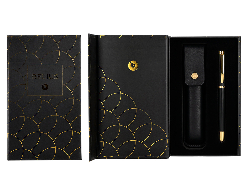 STYLO-BILLE ET ETUI EN SIMILI CUIR BELIUS PASSION ALUMINIUM BROSSE ATTRIBUTS OR ENCRE BLEUE COLORIS NOIR COFFRET CADEAU