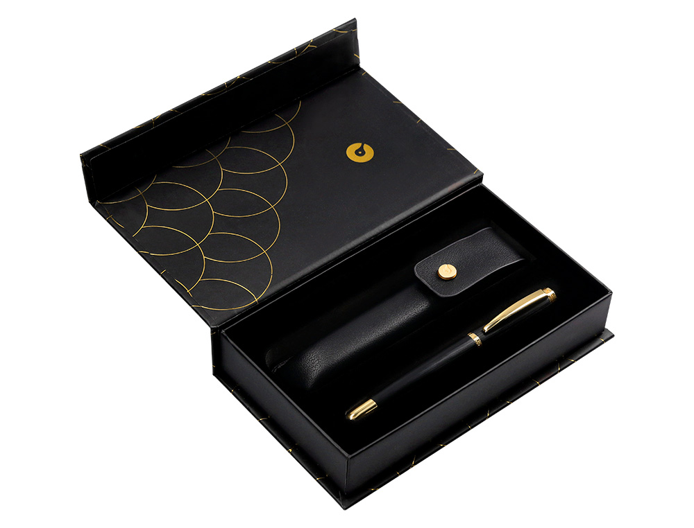 STYLO-BILLE ET ETUI EN SIMILI CUIR BELIUS PASSION ALUMINIUM BROSSE ATTRIBUTS OR ENCRE BLEUE COLORIS NOIR COFFRET CADEAU