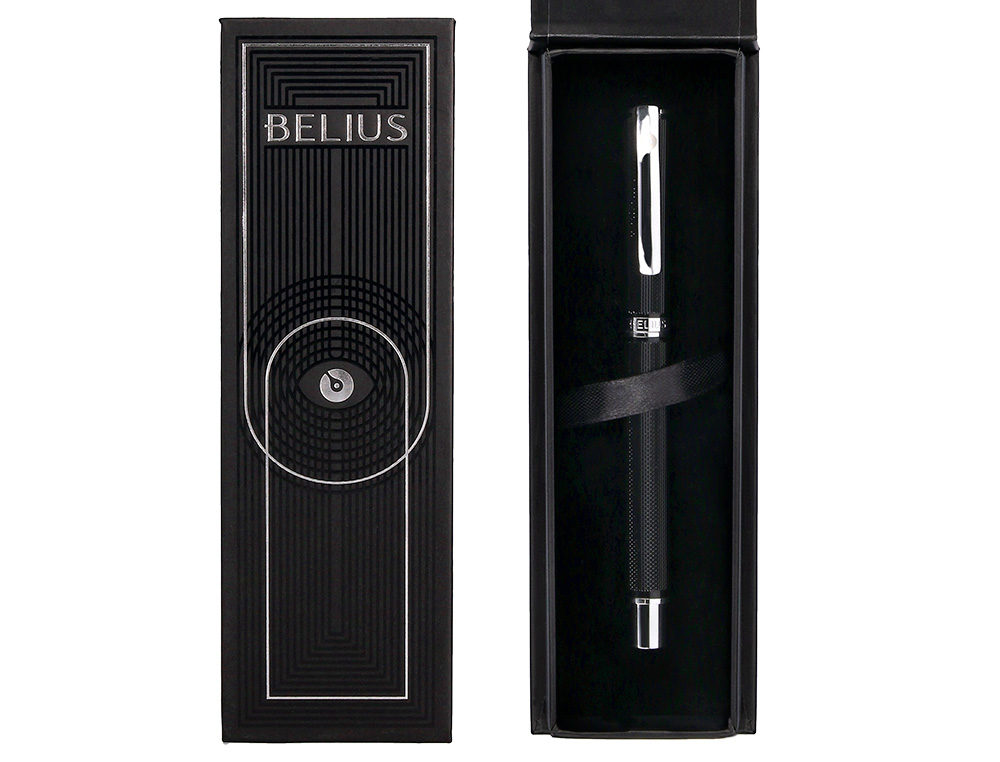 STYLO-BILLE BELIUS TURBO ALUMINIUM TEXTURE POINTILLEE ATTRIBUTS ARGENT ENCRE BLEUE COLORIS NOIR DANS COFFRET CADEAU