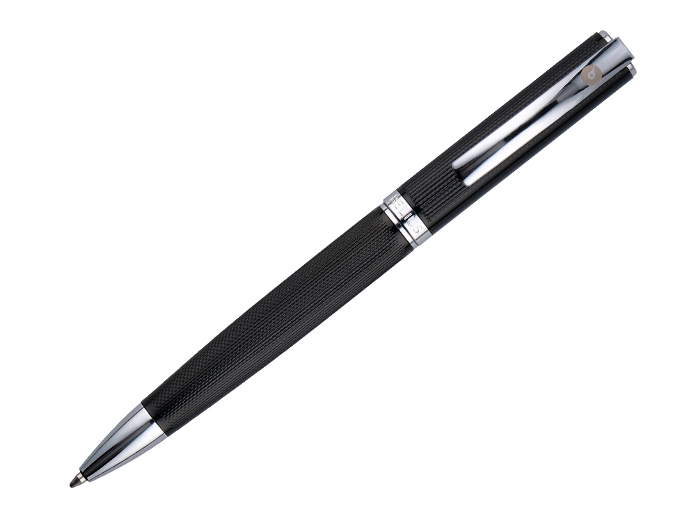 STYLO-BILLE ETUI SIMILI CUIR BELIUS TURBO ALUM. TEXTURE POINTILLEE ATTRIBUTS ARGENT ENCRE BLEUE COL. NOIR COFFRET CADEAU