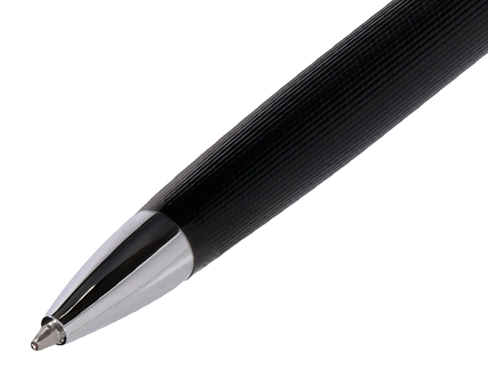 STYLO-BILLE ETUI SIMILI CUIR BELIUS TURBO ALUM. TEXTURE POINTILLEE ATTRIBUTS ARGENT ENCRE BLEUE COL. NOIR COFFRET CADEAU